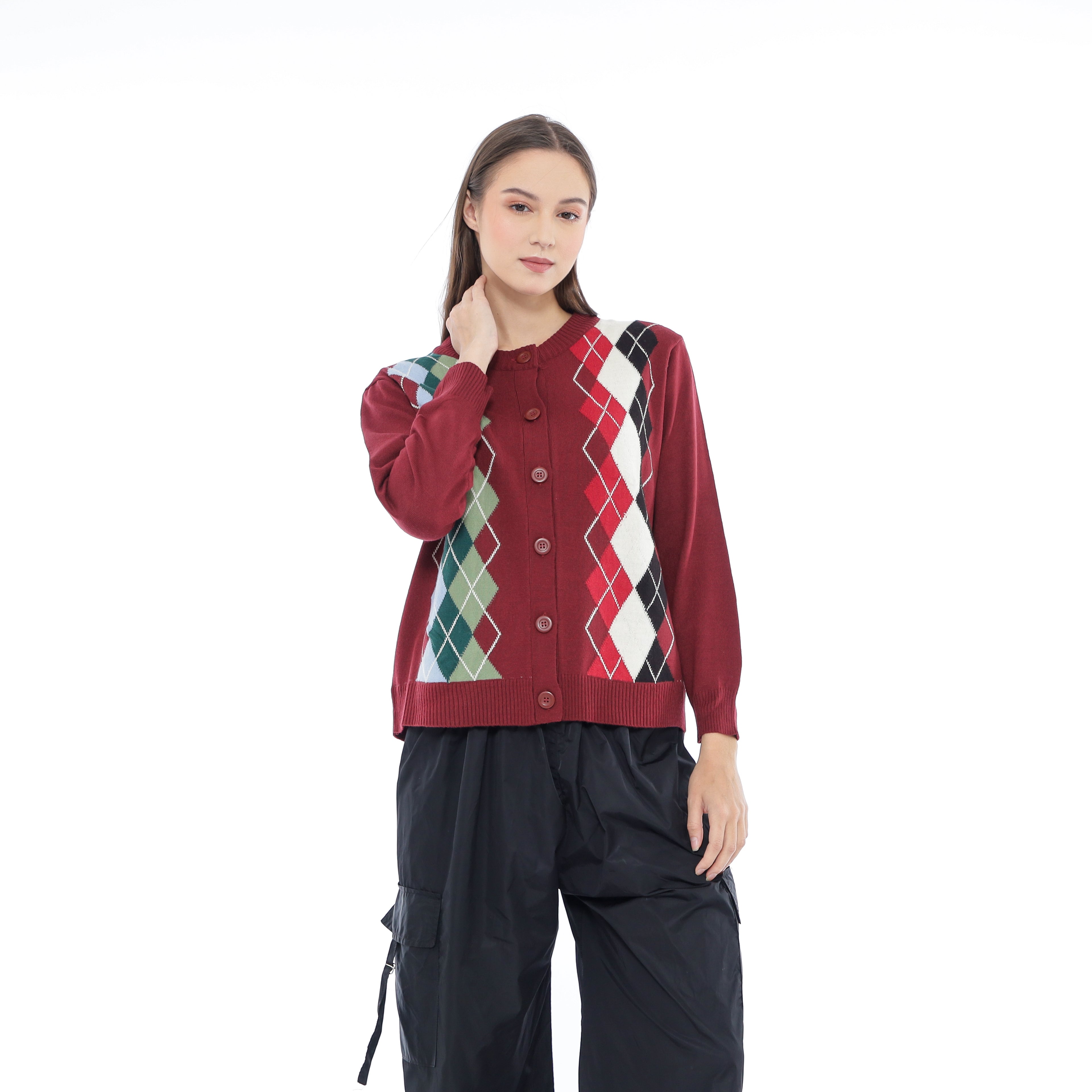 Elysia Argyle Knit Cardigan