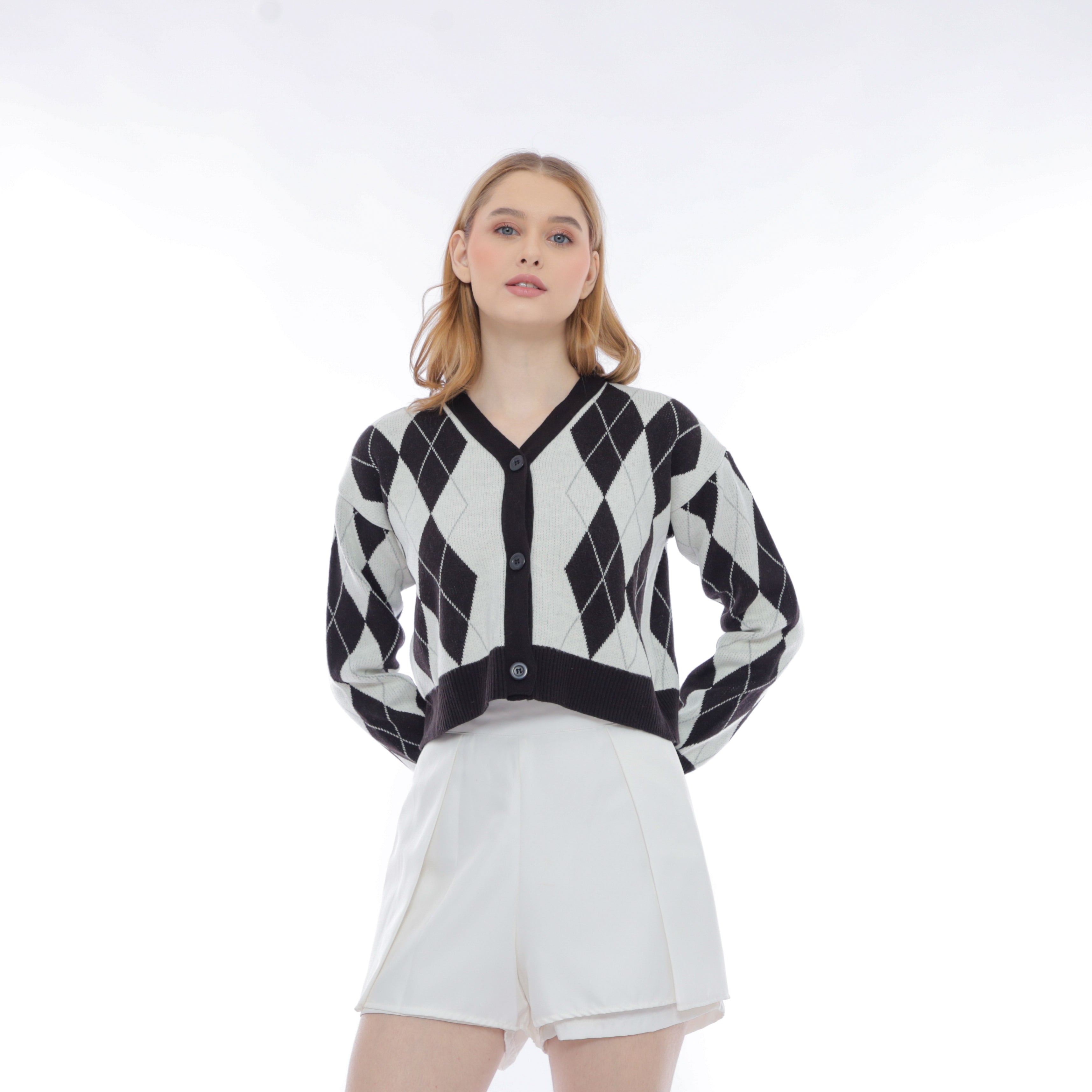 Salvia Argyle Knit Crop Cardigan