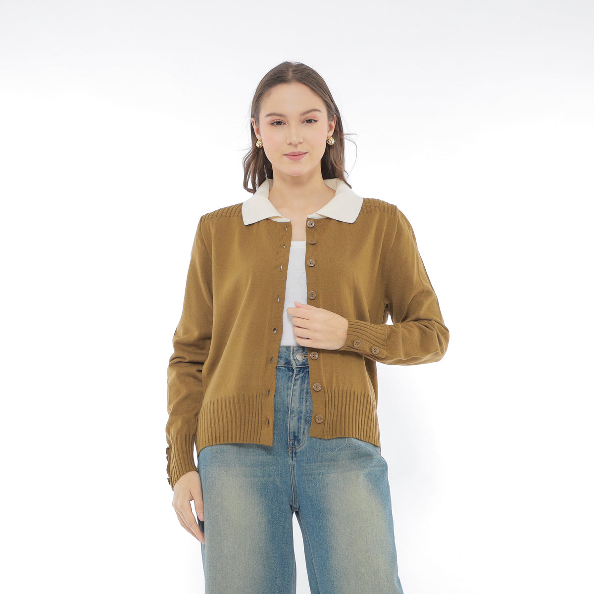 Mika Cardigan Collar Rajut Two Tone Knit Kancing Korean Style