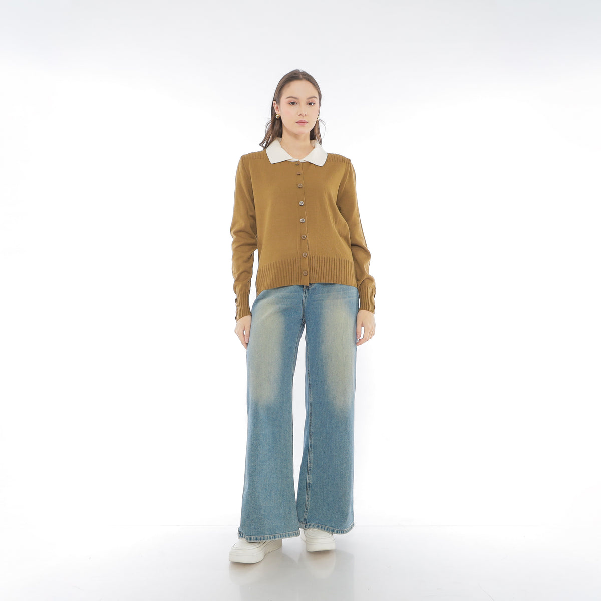 Mika Cardigan Collar Rajut Two Tone Knit Kancing Korean Style