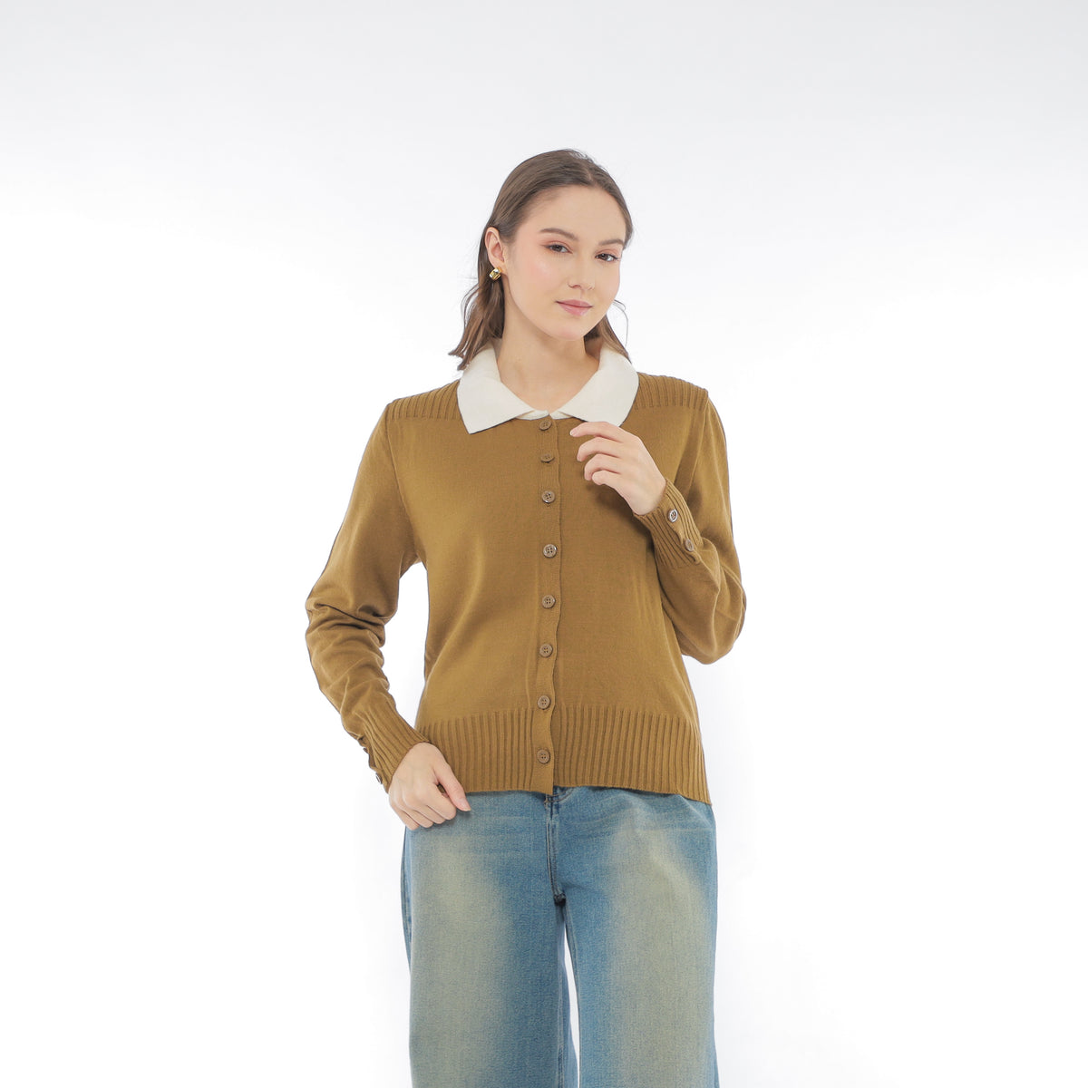 Mika Cardigan Collar Rajut Two Tone Knit Kancing Korean Style