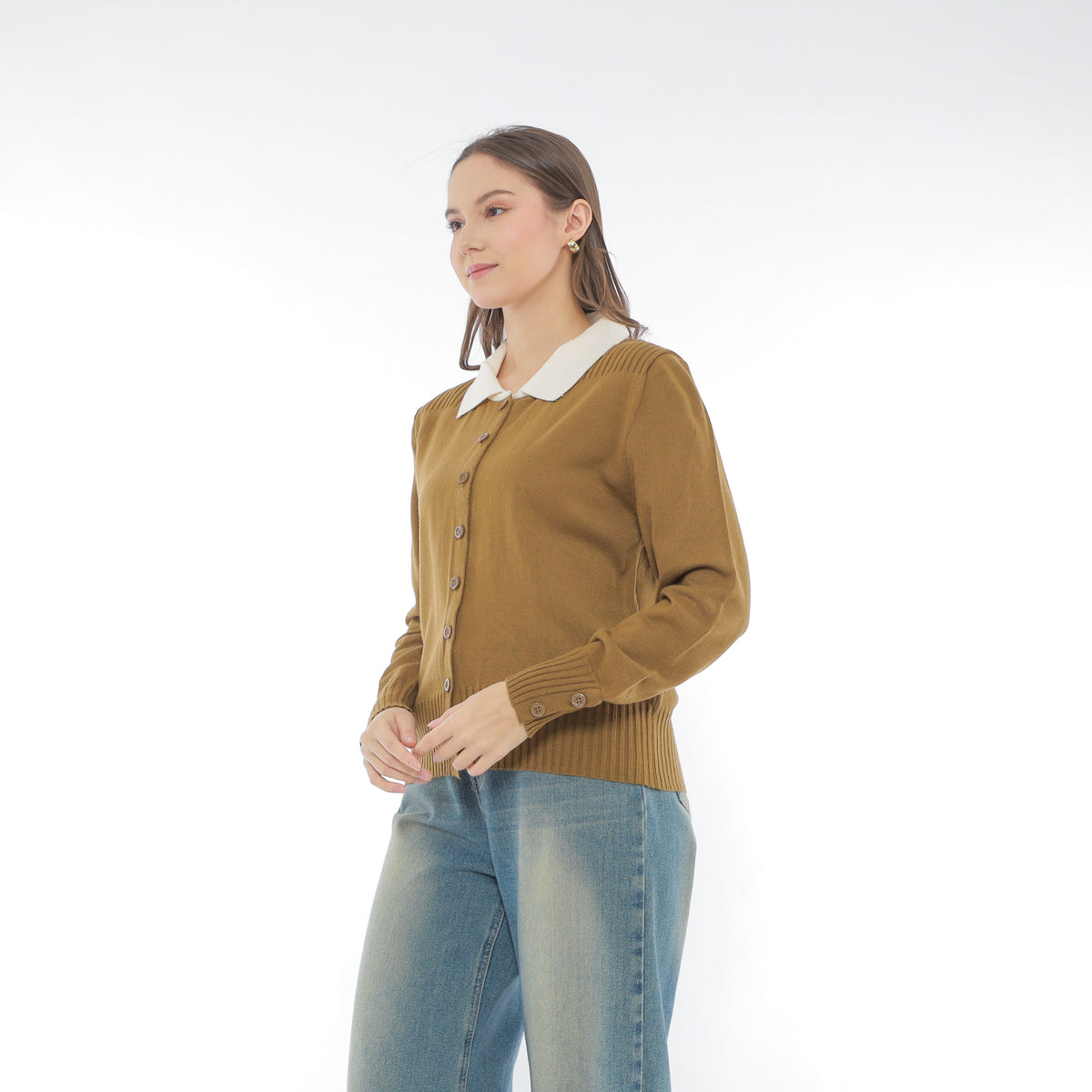 Mika Cardigan Collar Rajut Two Tone Knit Kancing Korean Style