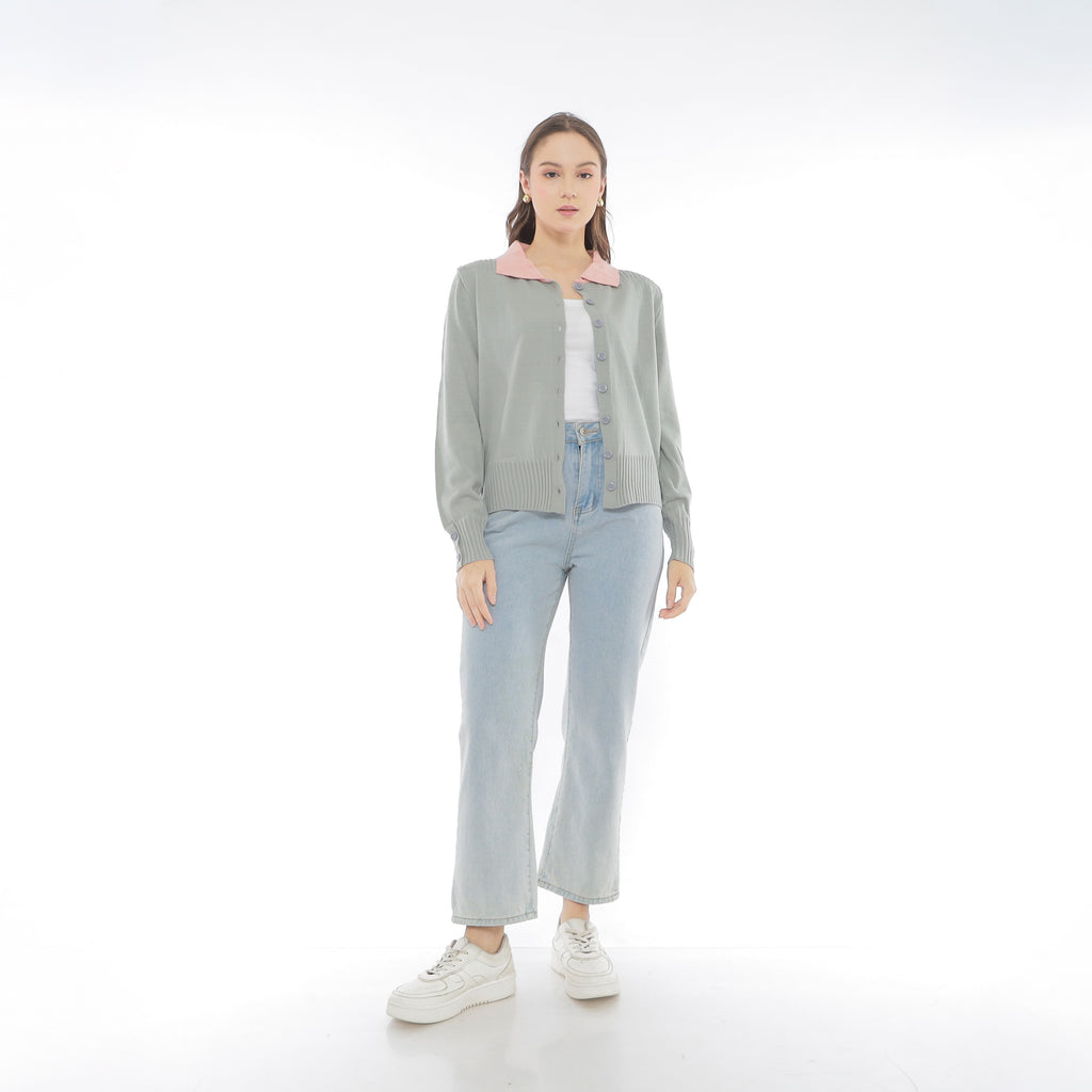 Mika Cardigan Collar Rajut Two Tone Knit Kancing Korean Style