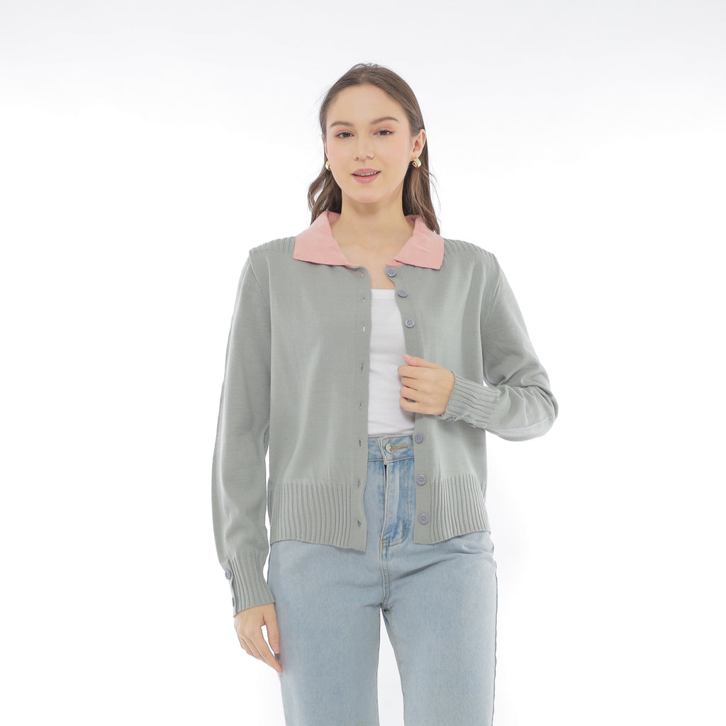 Mika Cardigan Collar Rajut Two Tone Knit Kancing Korean Style