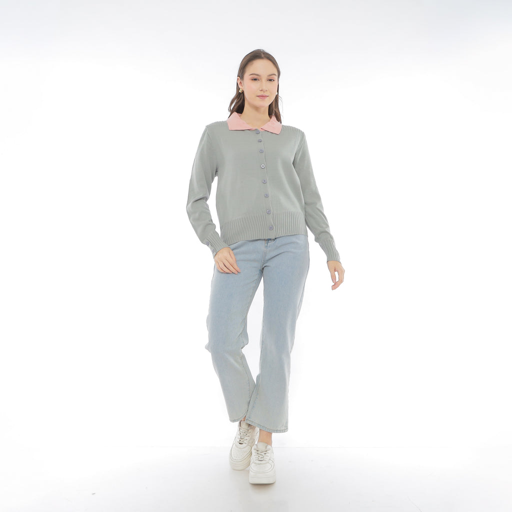 Mika Cardigan Collar Rajut Two Tone Knit Kancing Korean Style