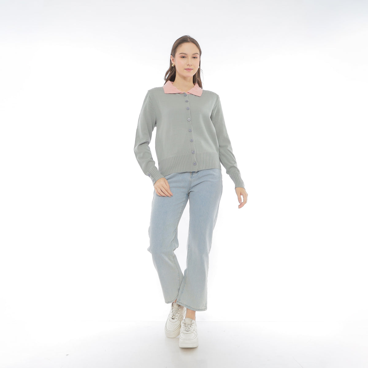 Mika Cardigan Collar Rajut Two Tone Knit Kancing Korean Style