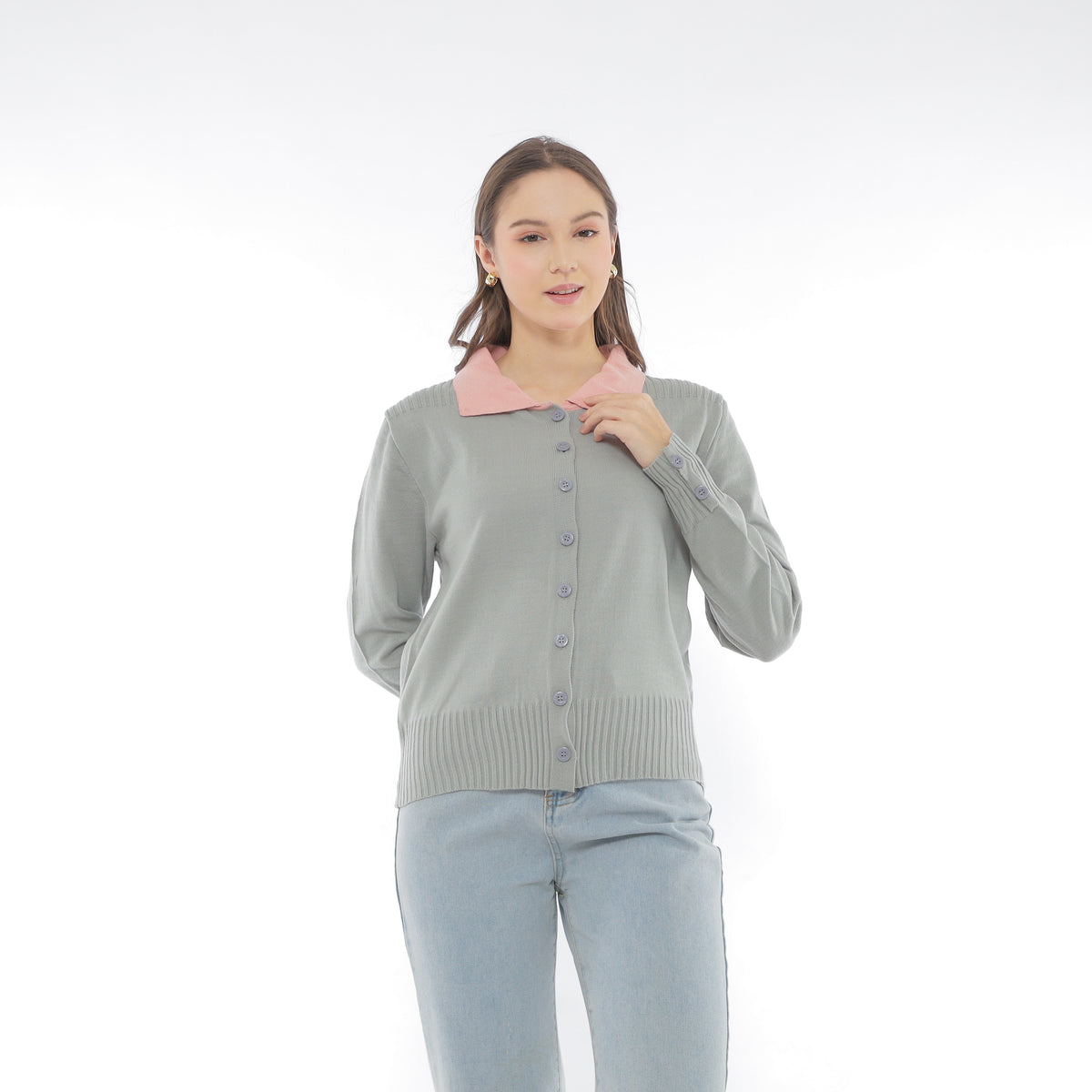 Mika Cardigan Collar Rajut Two Tone Knit Kancing Korean Style