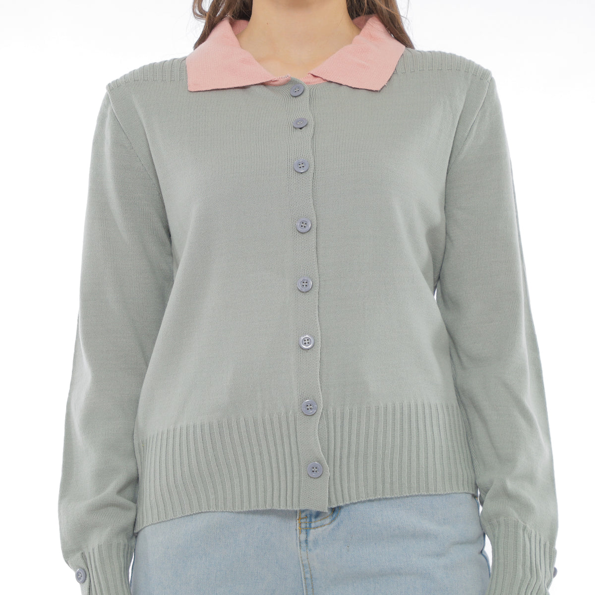 Mika Cardigan Collar Rajut Two Tone Knit Kancing Korean Style