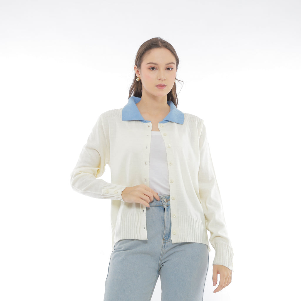Mika Cardigan Collar Rajut Two Tone Knit Kancing Korean Style