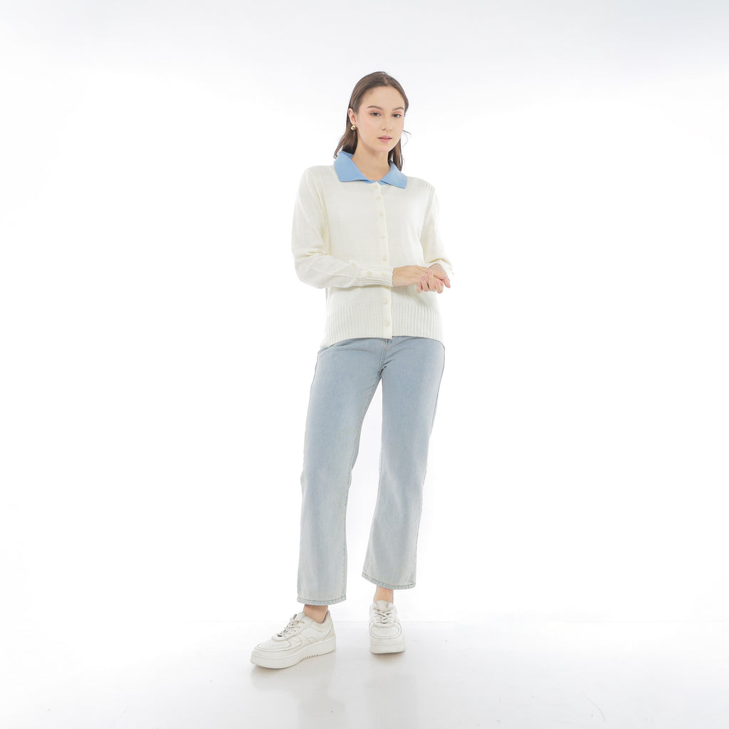 Mika Cardigan Collar Rajut Two Tone Knit Kancing Korean Style