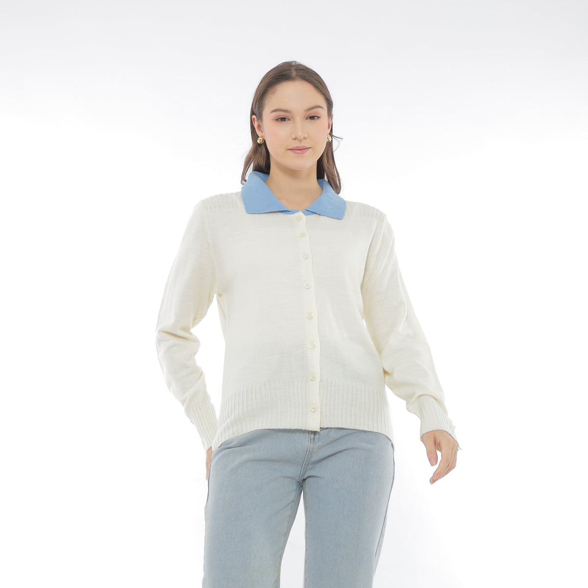Mika Cardigan Collar Rajut Two Tone Knit Kancing Korean Style