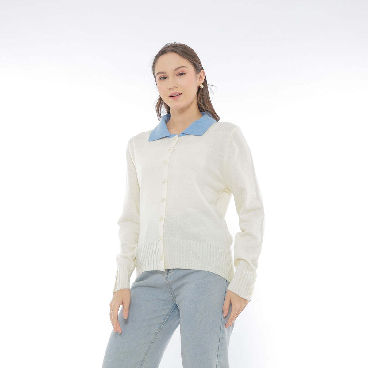 Mika Cardigan Collar Rajut Two Tone Knit Kancing Korean Style