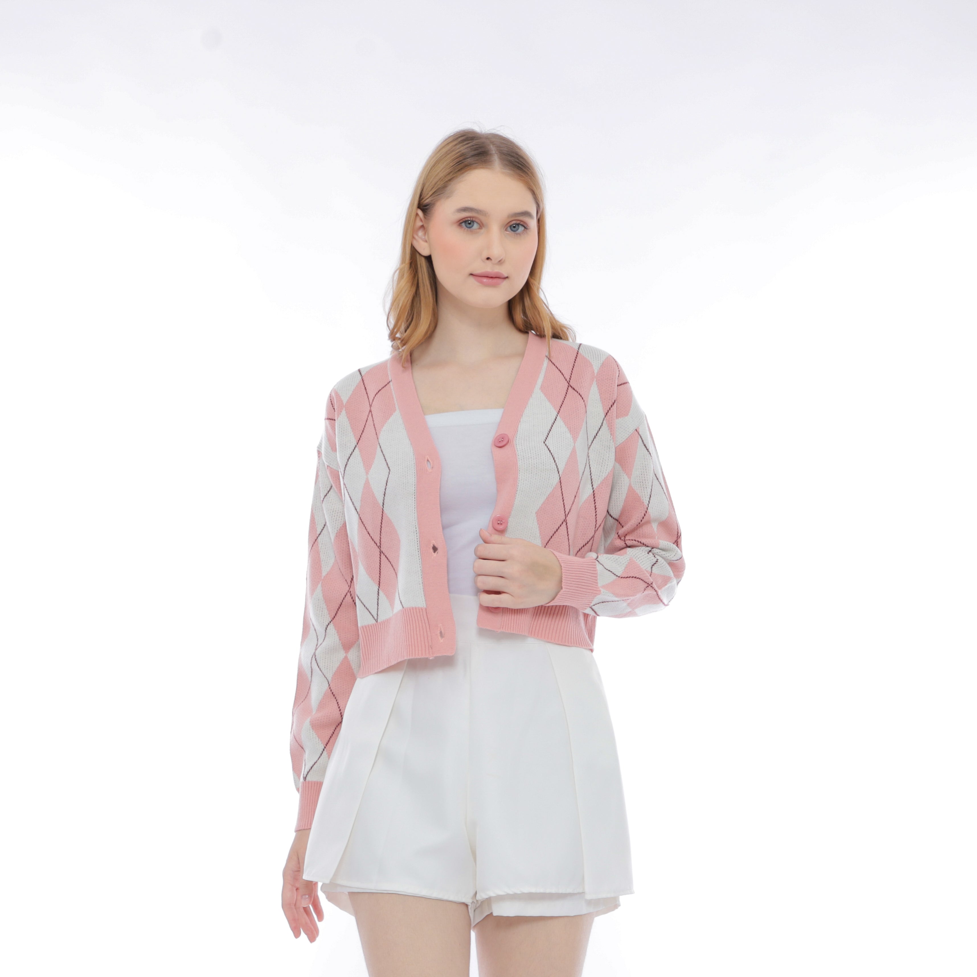 Salvia Argyle Knit Crop Cardigan