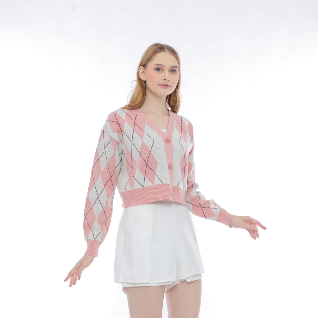 Salvia Argyle Knit Crop Cardigan