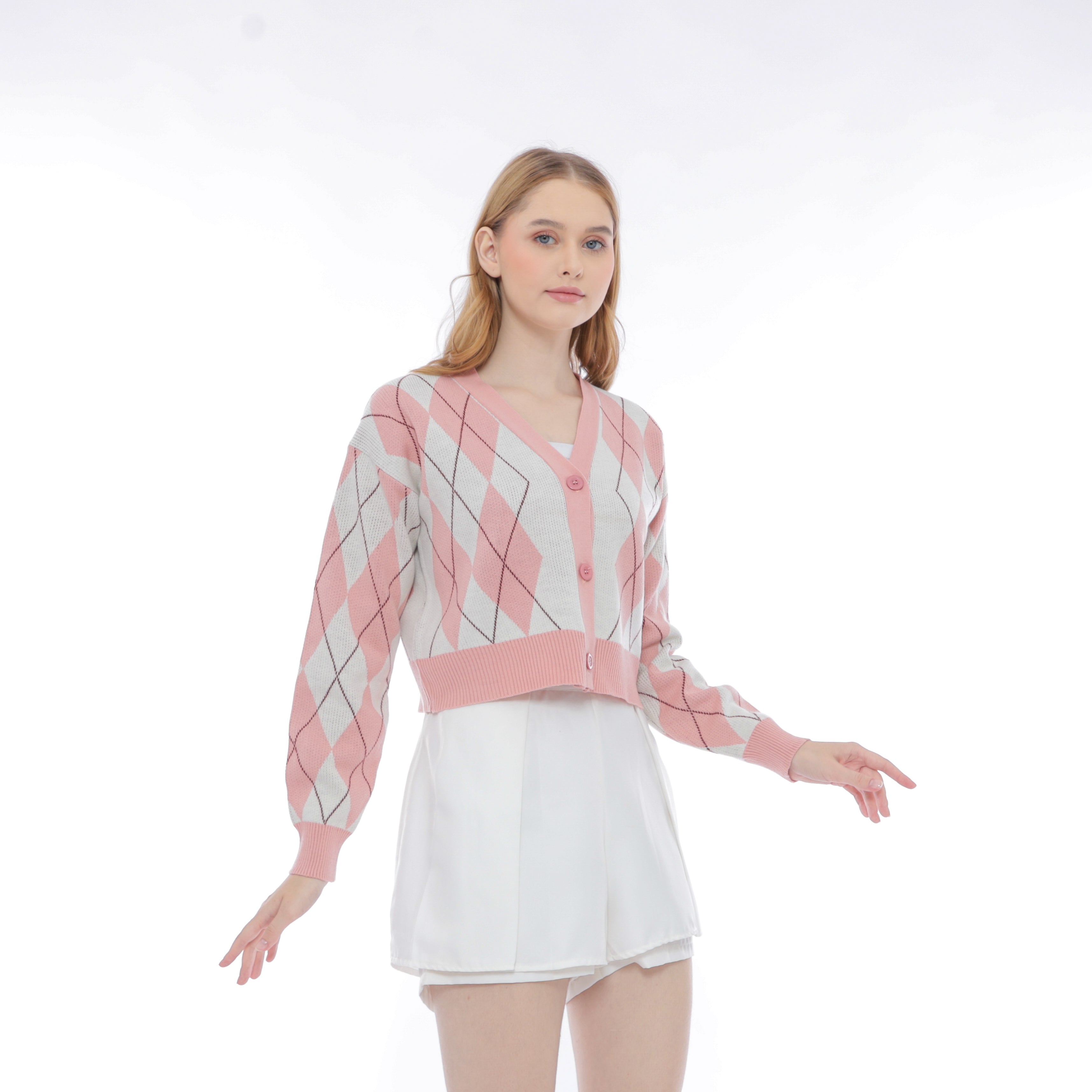 Salvia Argyle Knit Crop Cardigan