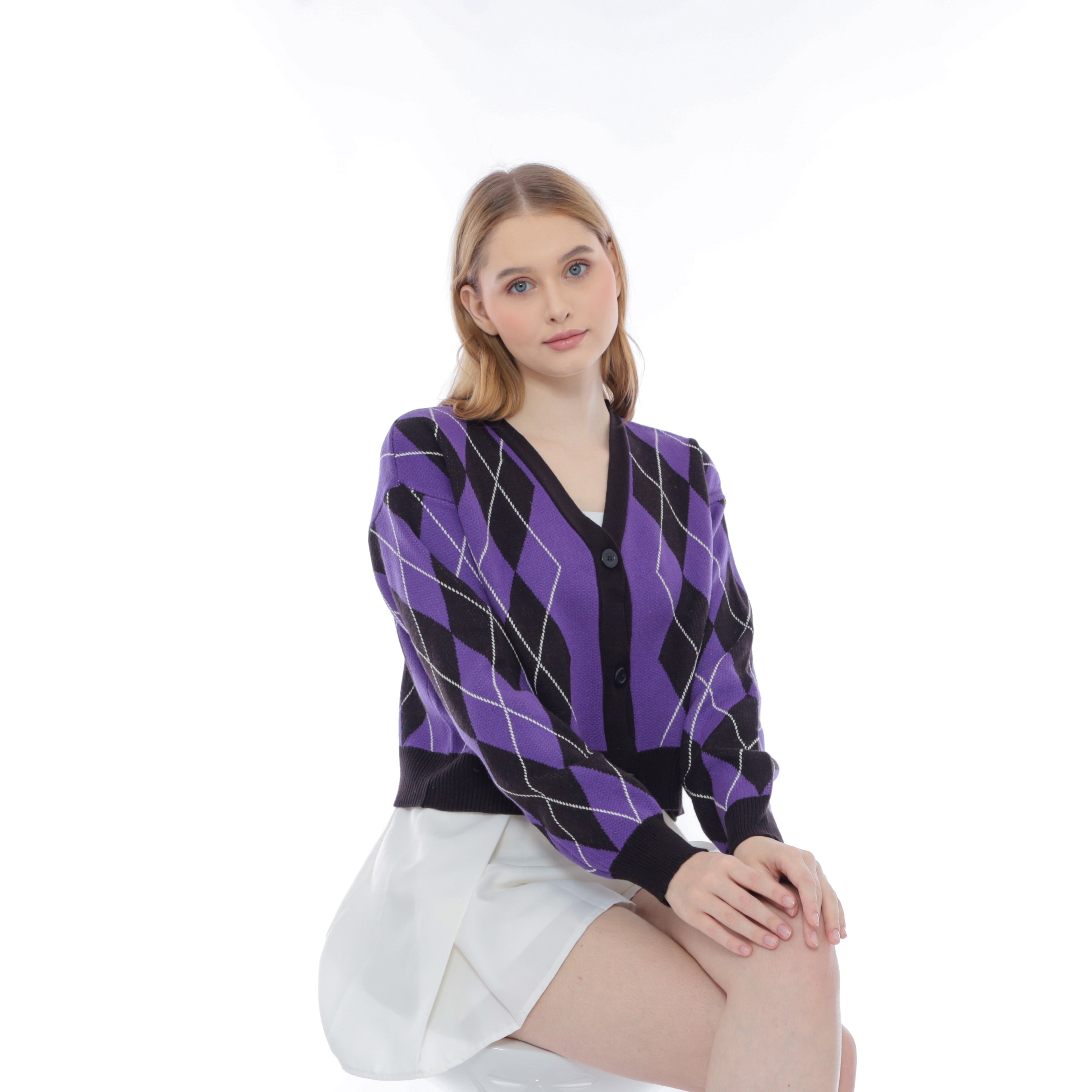Salvia Argyle Knit Crop Cardigan