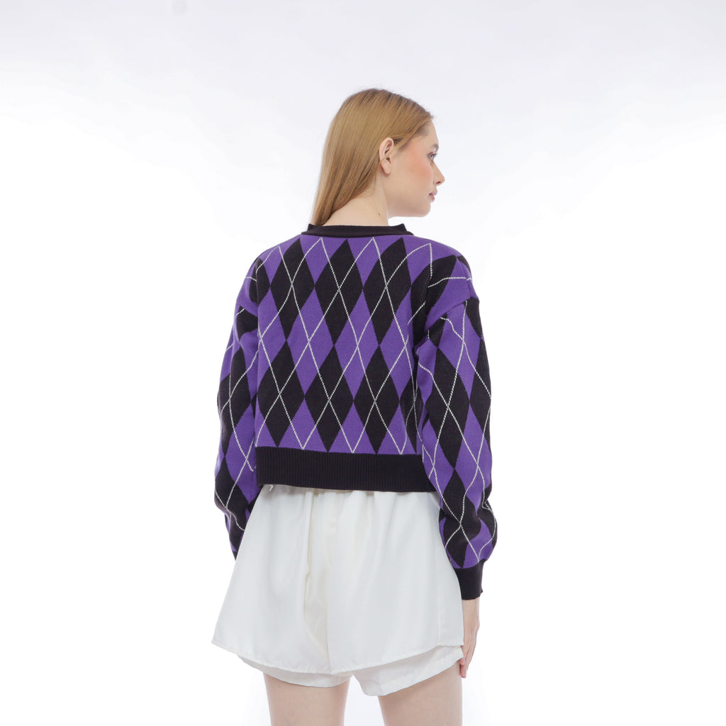 Salvia Argyle Knit Crop Cardigan